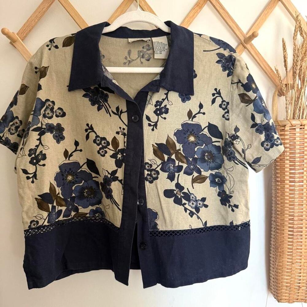 Vintage floral linen blend button up crop top cottagecore grandmacore size 14P